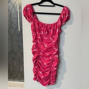 Urban Outfitters Brennan Butterfly Print Pink Ruched Mini Dress - Size M